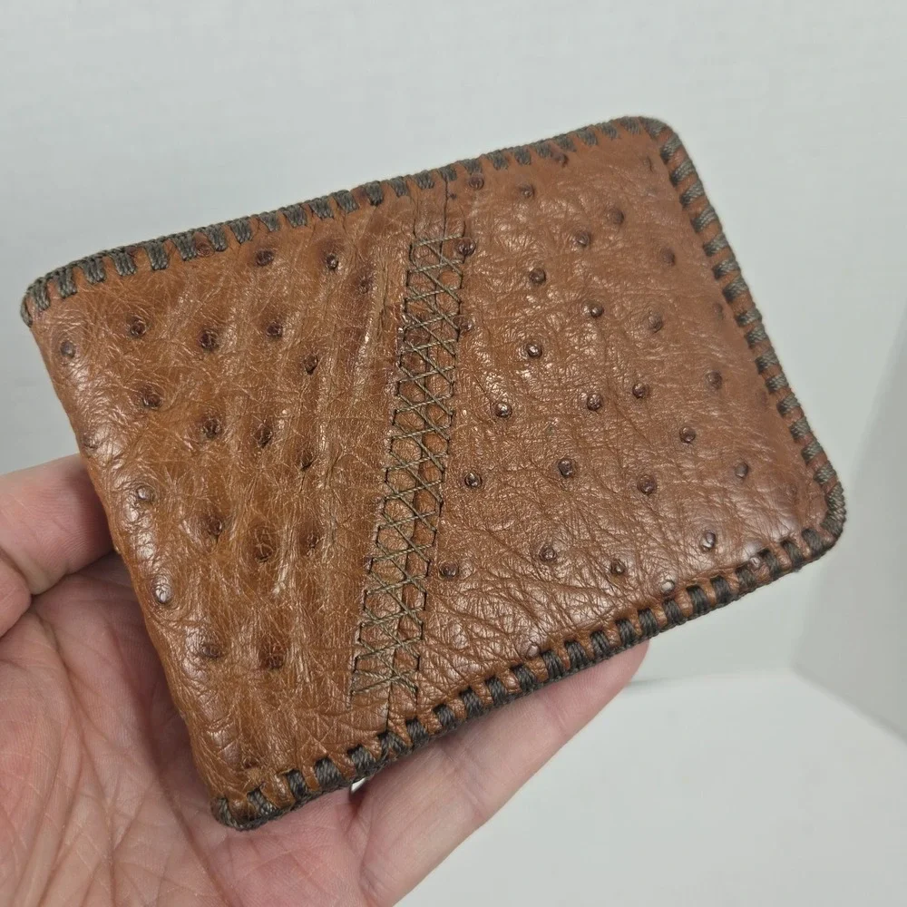 Genuine Full Quill Ostrich Wallet Cognac Brown Leather Bifold Western Mexico NEW